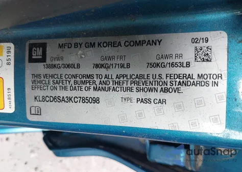 2019 Chevrolet Spark 1Lt Cvt from USA, damaged, VIN KL8CD6SA3KC785098